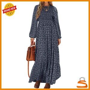 Long Sleeve Flowy Maxi Dress Smocked Tiered Floral Midi